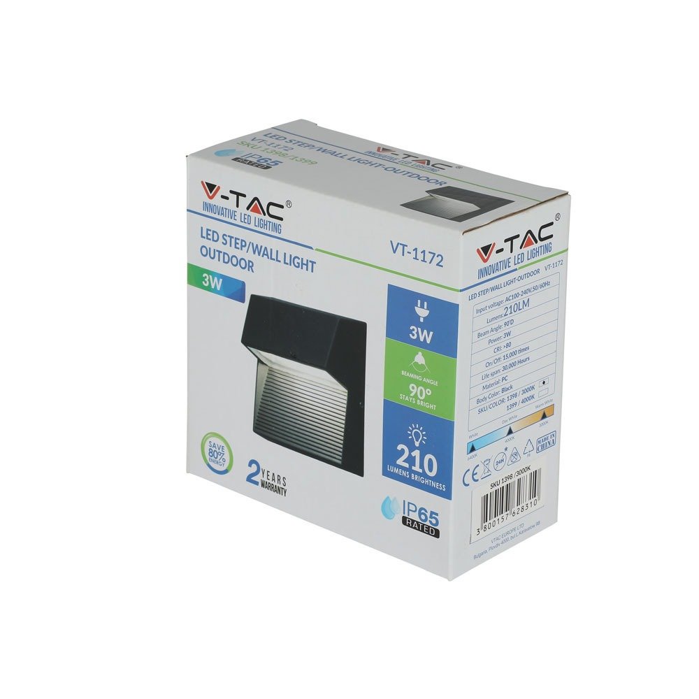 3W Lampă LED pentru trepte Corp Negru pătrat Alb natural