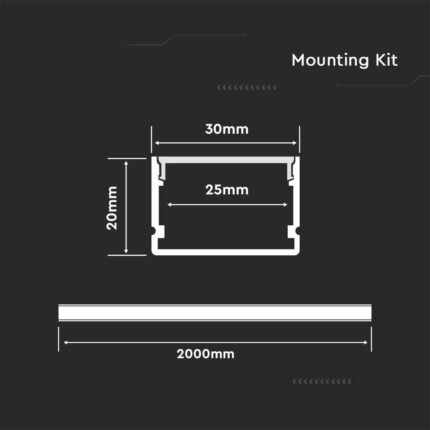 Kit Montaj din Aluminiu pentru Banda LED cu Dispersor 2000 x 30 x 20mm Aspect Lăptos