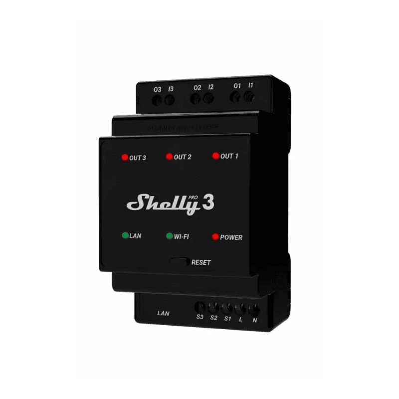 Shelly Pro 3, Releu Smart Profesional 3 Canale, DIN, LAN + Wi-Fi, 16A