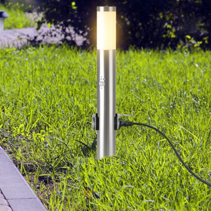 E27 Bollard Lamp 60cm PIR Senzor 2 EU Plug Sockets Oțel Inoxidabil Satin Nichel IP44