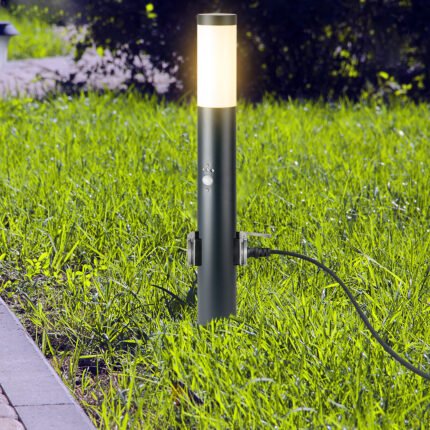 E27 Bollard Lamp 60cm PIR Senzor 2 EU Plug Sockets Oțel Inoxidabil NegruIP44