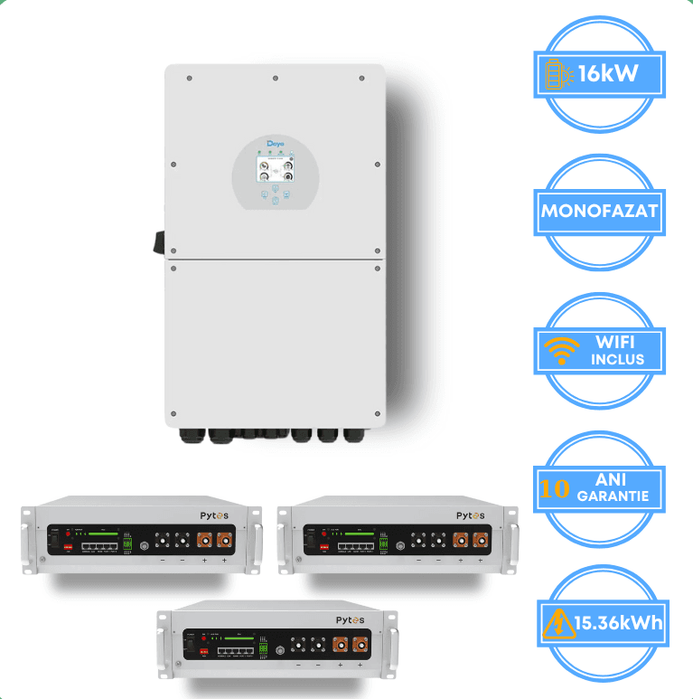 Invertor Deye 16kW, SUN-16K-SG01LP1-EU + Acumulator Pytes 15.36kWh, v5a