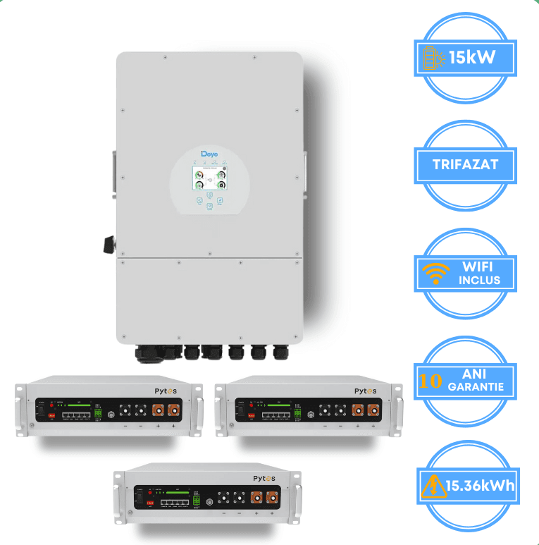 Invertor Deye 15kW, SUN-15K-SG05LP3-EU-SM2 + Acumulator Pytes 15.36kWh, v5a